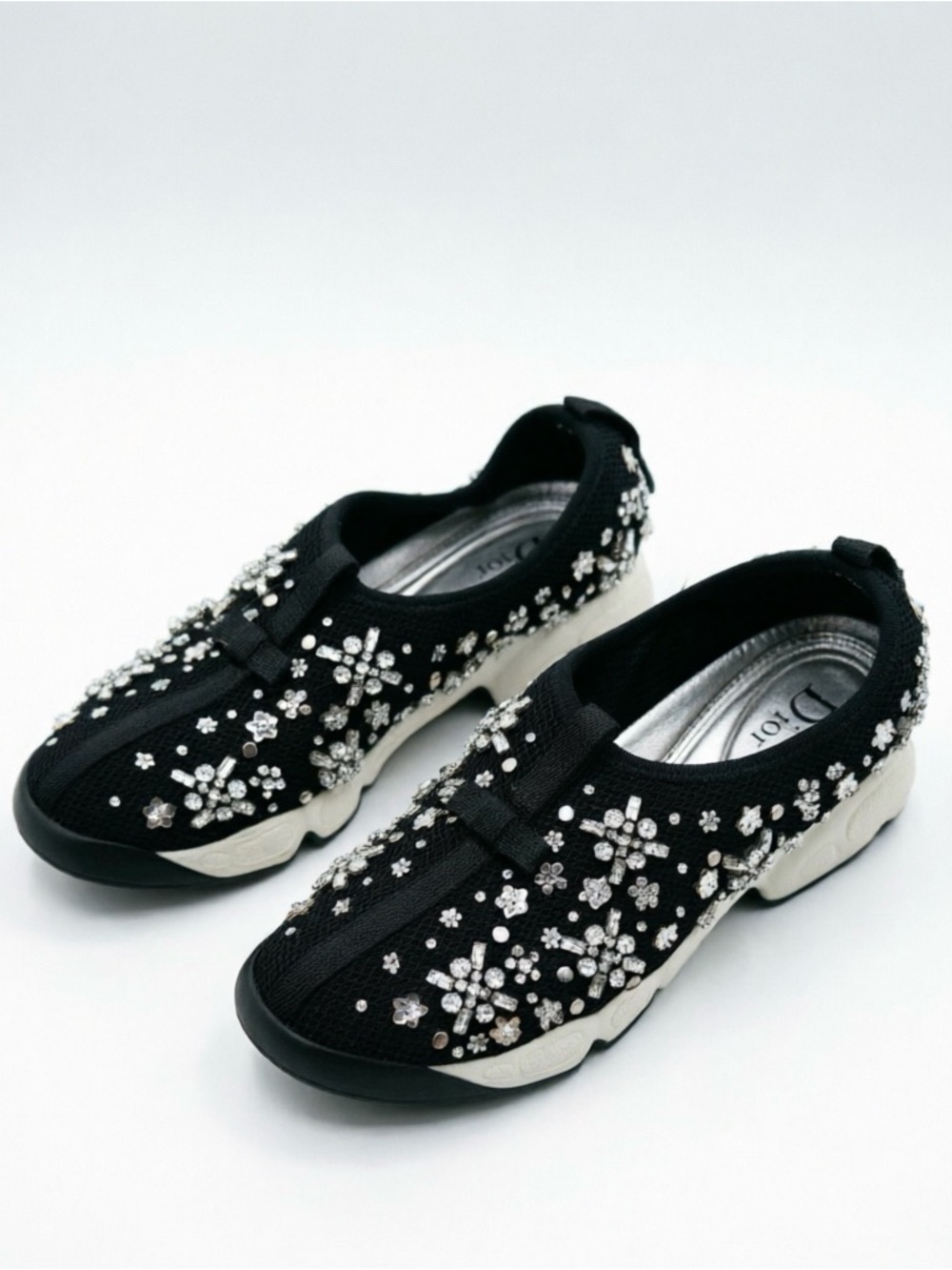Dior Black Slip-On Sneakers with Crystal Floral Embellishments